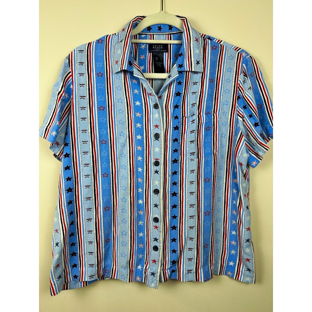 Crazy Horse Women’s L Striped Stars Button-Up Shirt Short Sleeve Patriotic